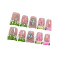 Hantyer 10pcs Green French Tip Press on Nails with 3D Carved Flowers & Rhinestone Charms, Short Duck Nails Glossy Iced Sweet Fake Nails, Reusable Elegant False Nails for Women Spring Party