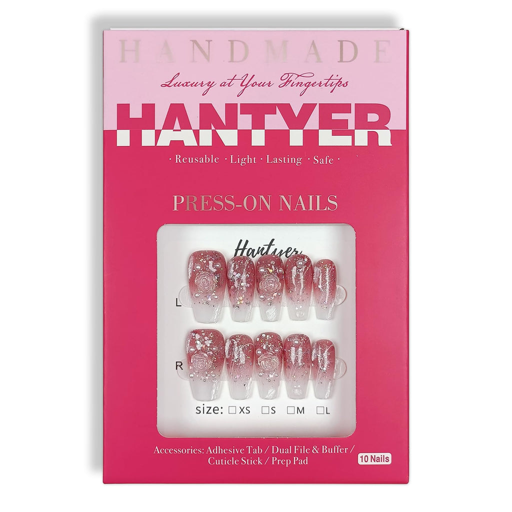Hantyer Medium Ballet Press On Nails,Handmade Soft Gel Winter Fall Fake Nails in Camellia Gradient Pink Gypsum Pearl Design, Full Cover Thick Acrylic False Nails for Women 10PCS Tools Kit