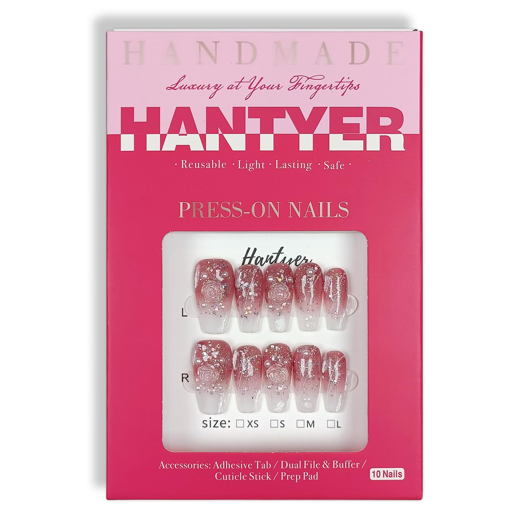 Hantyer Medium Ballet Press On Nails,Handmade Soft Gel Winter Fall Fake Nails in Camellia Gradient Pink Gypsum Pearl Design, Full Cover Thick Acrylic False Nails for Women 10PCS Tools Kit