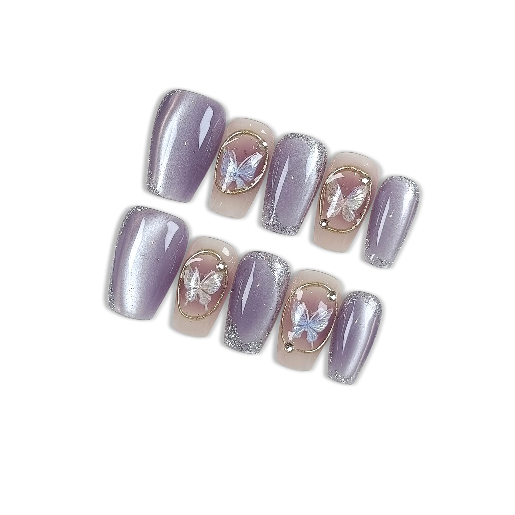 Hantyer Press on Nails, Medium Coffin Fake Nails, Purple Cat Eye & Hand-Painted Silver Lines, Butterfly Accents & Icy Lavender Glow, Gel Nails Sweet Style for Women Daily Wear & Party Events