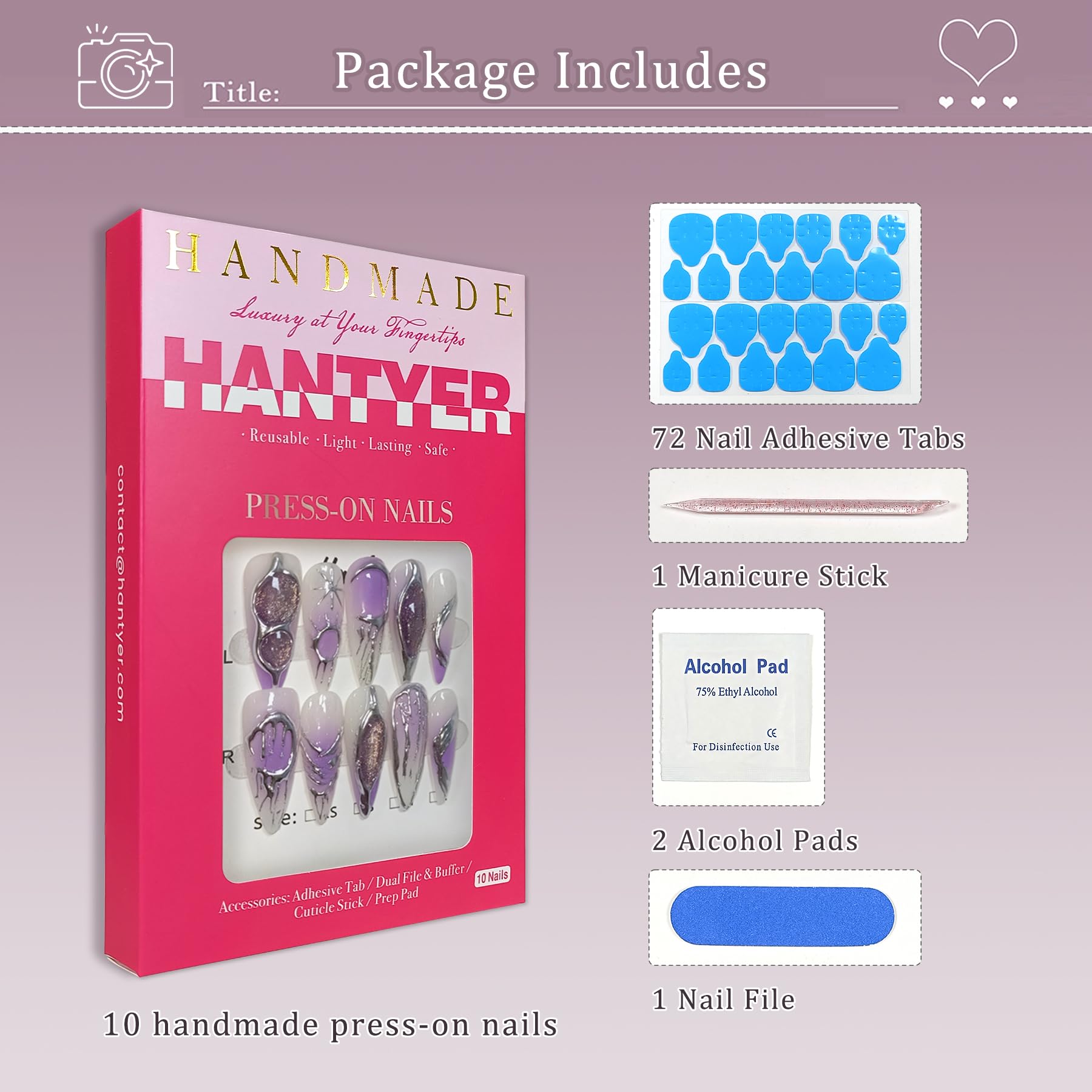 Hantyer Lavender Ombre Metallic Hand-Painted Cat Eye Press on Nails, Long Stiletto Glossy Iced Edgy Fake Nails, Reusable Sweet & Cool False Nails for Women Y2K Party Special Occasion Full Set
