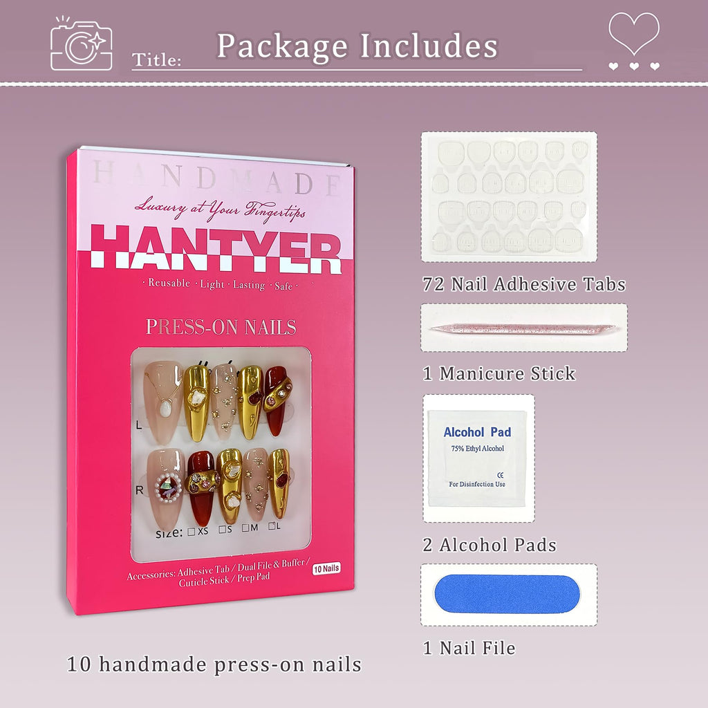 Hantyer Almond Press On Nails, Handmade Soft Gel Luxury Jewel Tone Fake Nails with Vintage Gold Accents & Pearl Embellishments, Elegant Reusable False Nails 10PCS Kit