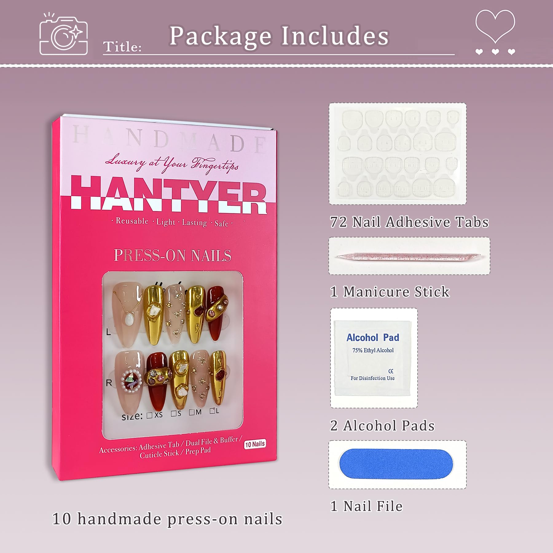 Hantyer Almond Press On Nails, Handmade Soft Gel Luxury Jewel Tone Fake Nails with Vintage Gold Accents & Pearl Embellishments, Elegant Reusable False Nails 10PCS Kit