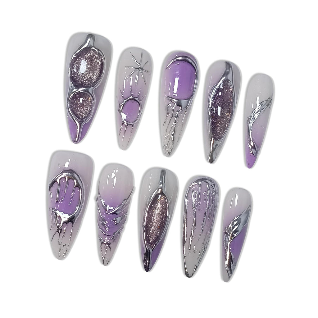 Hantyer Lavender Ombre Metallic Hand-Painted Cat Eye Press on Nails, Long Stiletto Glossy Iced Edgy Fake Nails, Reusable Sweet & Cool False Nails for Women Y2K Party Special Occasion Full Set