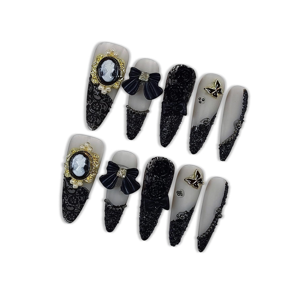 Hantyer Gothic Press on Nails, Long Stiletto Matte Nails, Baroque Cameo & 3D Camellia Design Salon Nails, Reusable Nails with Bow Steel Beads Accents, Dark Princess Style for Women