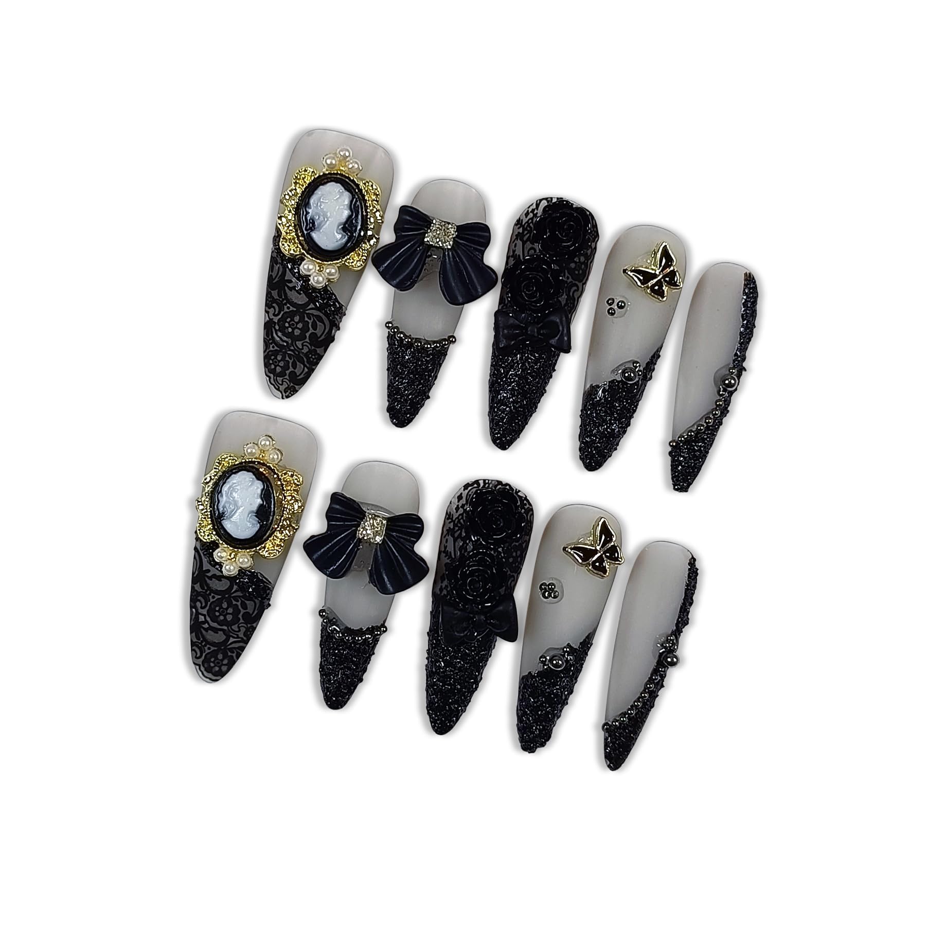 Hantyer Gothic Press on Nails, Long Stiletto Matte Nails, Baroque Cameo & 3D Camellia Design Salon Nails, Reusable Nails with Bow Steel Beads Accents, Dark Princess Style for Women