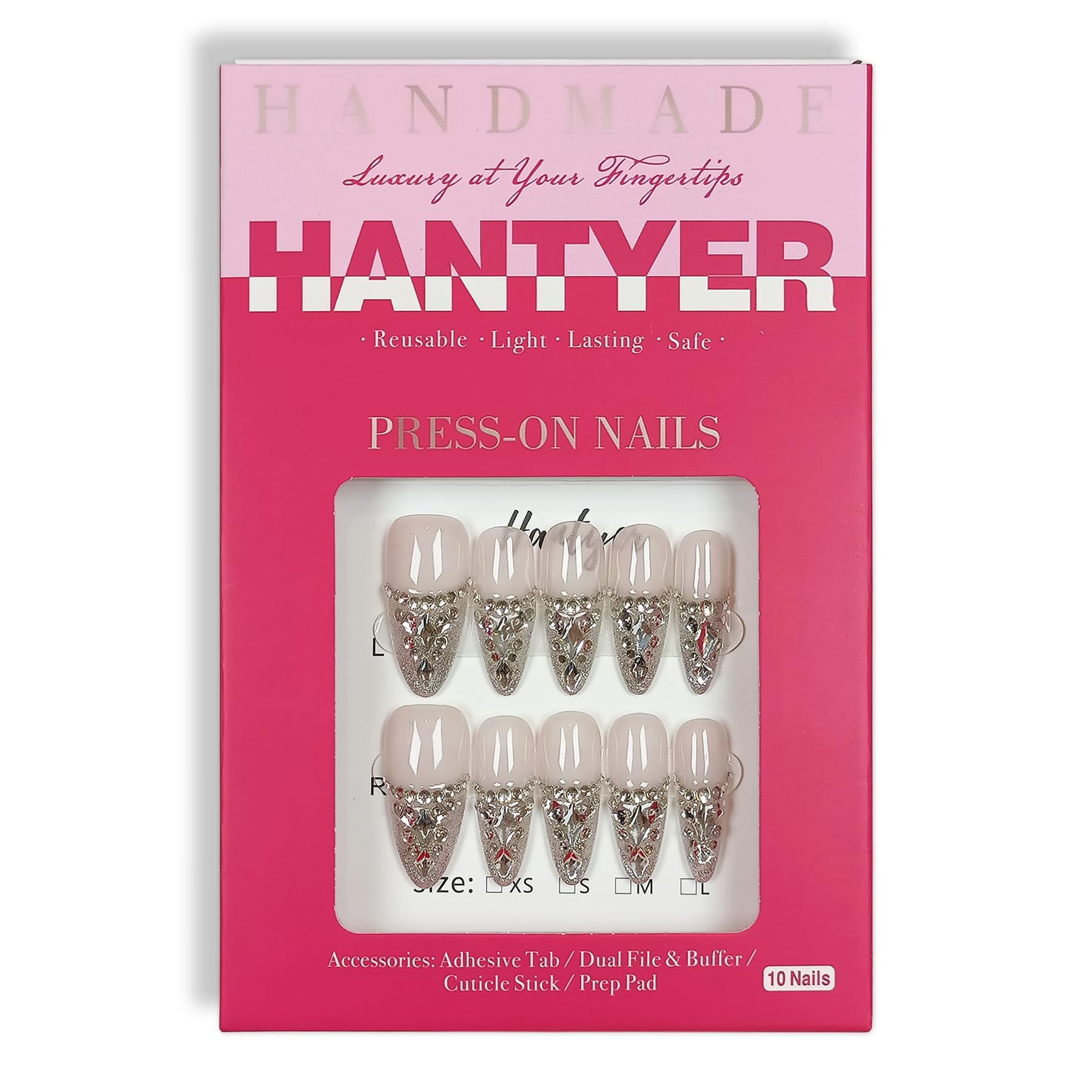Hantyer French Glam Press on Nails with Tools Kit, Long Stiletto Glossy Nails in Nude, Handmade Nails with Dazzling 3D Crystal Arrangement, Fake Nails Vintage-Inspired Style for Galas Event