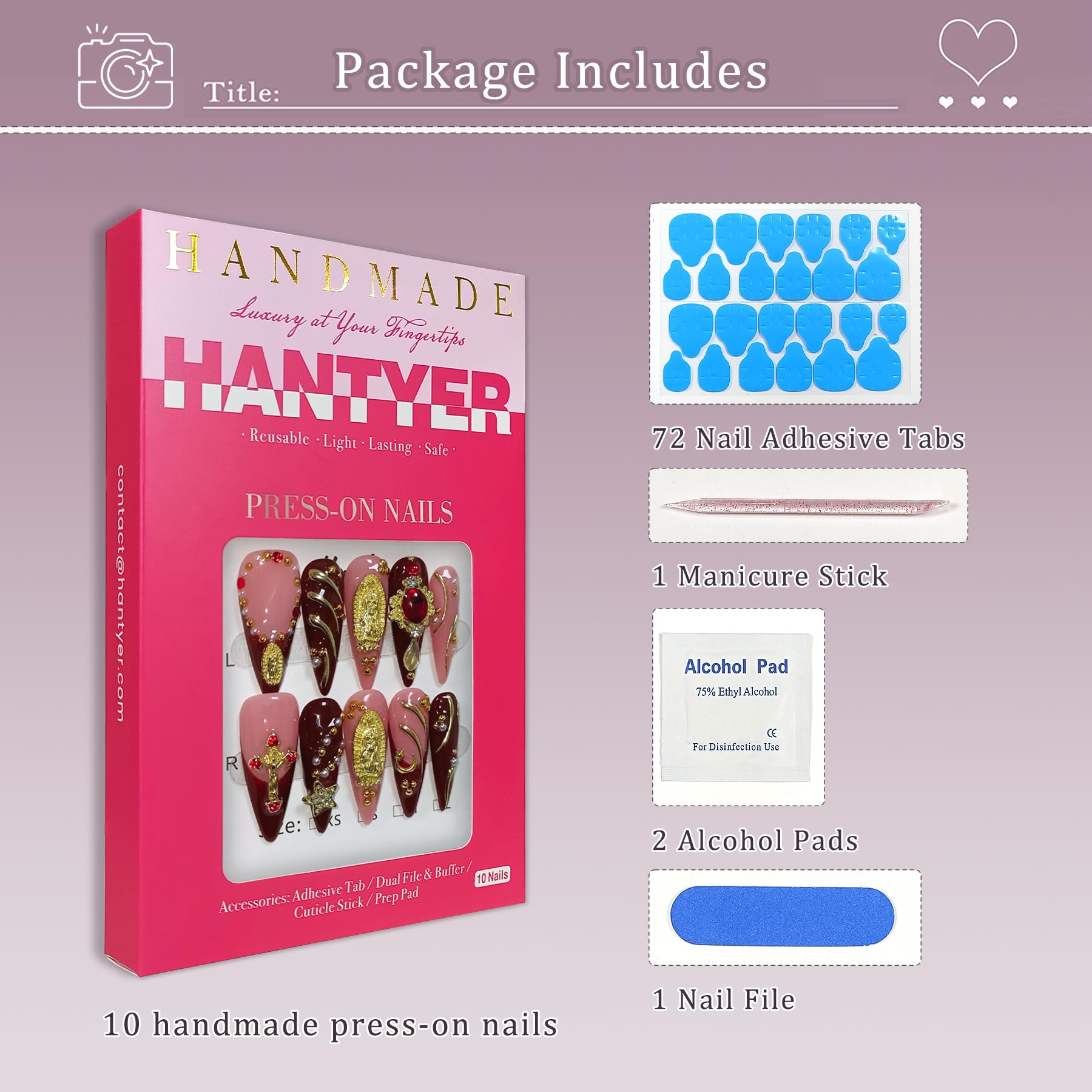 Hantyer Pink & Red French Press on Nails with Gold Lines, Long Stiletto Glossy Vintage Fake Nails with Madonna Statue, Cross & Rhinestones, Reusable Religious Aesthetic False Nails