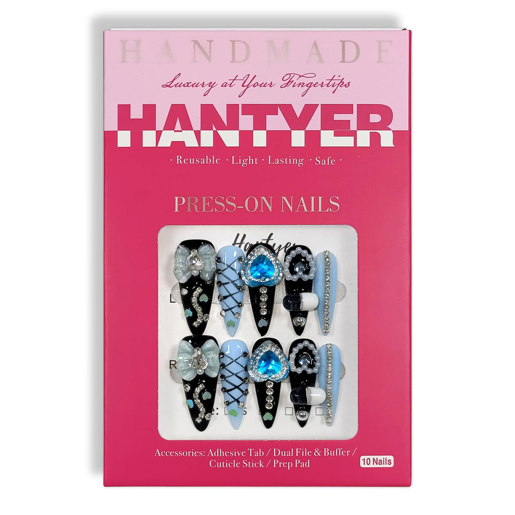 Hantyer Gothic Blue Press on Nails with Tools Kit, 10pcs Long Stiletto Matte Black & Blue Nails, Blue Rhinestones, Bows & 3D Hand-Painted Art, Reusable & Easy Apply for Night Events