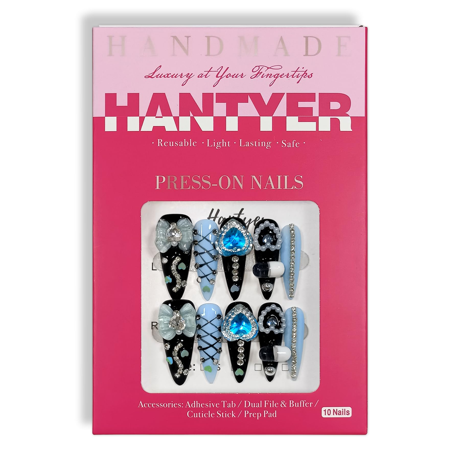 Hantyer Gothic Blue Press on Nails with Tools Kit, 10pcs Long Stiletto Matte Black & Blue Nails, Blue Rhinestones, Bows & 3D Hand-Painted Art, Reusable & Easy Apply for Night Events