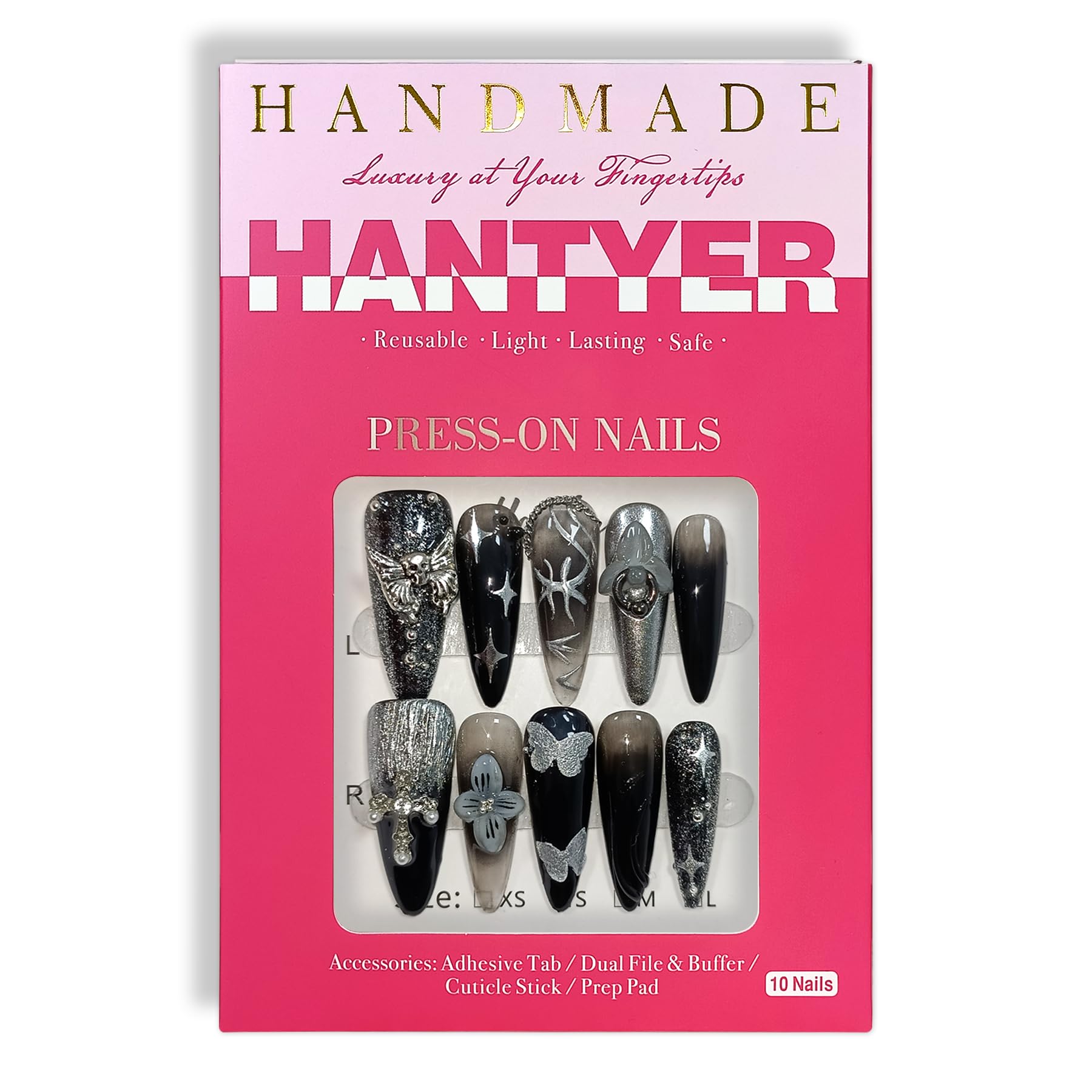 Hantyer Black Press on Nails with 3D Floral Carving, Skull & Cross Charms, Long Stiletto Glossy Punk Fake Nails, Reusable Edgy Gothic False Nails for Women Concert Night Party