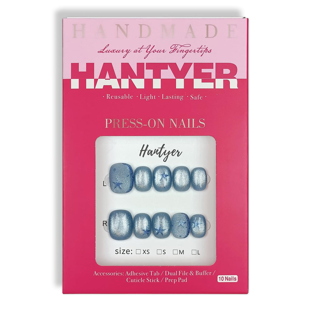 Hantyer Squoval Press On Nails, Handmade Soft Gel Ombre Glossy Fake Nails with Glitter Star, Blue Ombre Holographic Design Full Cover Reusable False Nails for Women 10PCS Kit