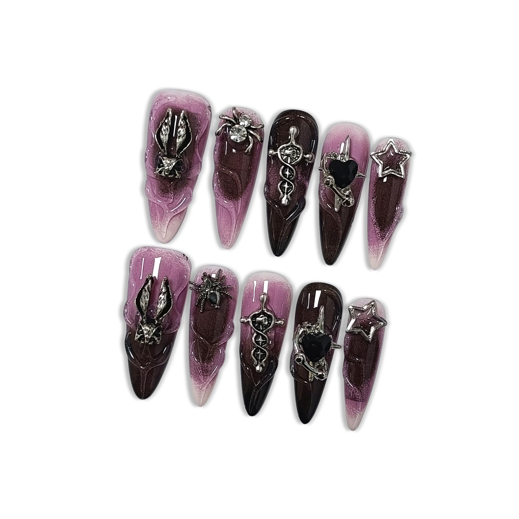 Hantyer Y2K Punk Press on Nails with Tools Kit, 10pcs Long Stiletto Glossy Black & Pink Gradient Nails, Silver Studs, Black Rhinestones & 3D strips, Edgy Style for Concerts & Night Events