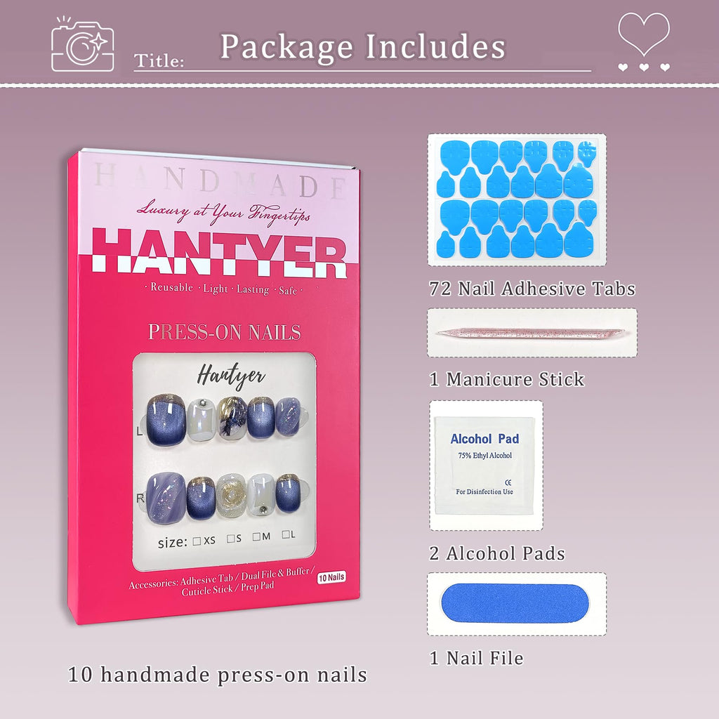 Hantyer 10pcs Press on Nails, Short Square Fake Nails, Blue Cat Eye Ombre with Golden Bling Edge, Glossy Finish Handmade Nails Sweet Style, Reusable for Party