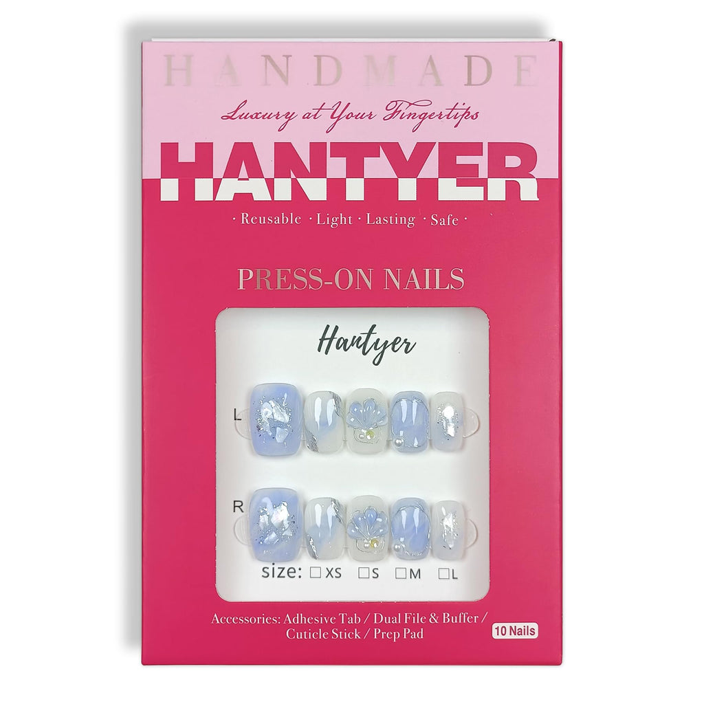 Hantyer Press on Nails, Short Coffin Fake Nails, Blue Marble & Hand-Painted Silver Streaks, Icy Blue Glittering Nails, Handmade Nails Sweet Style for Office, Holiday Parties & Special Events