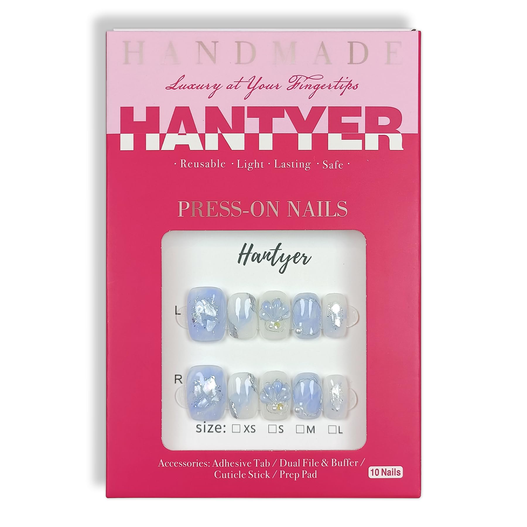 Hantyer Press on Nails, Short Coffin Fake Nails, Blue Marble & Hand-Painted Silver Streaks, Icy Blue Glittering Nails, Handmade Nails Sweet Style for Office, Holiday Parties & Special Events