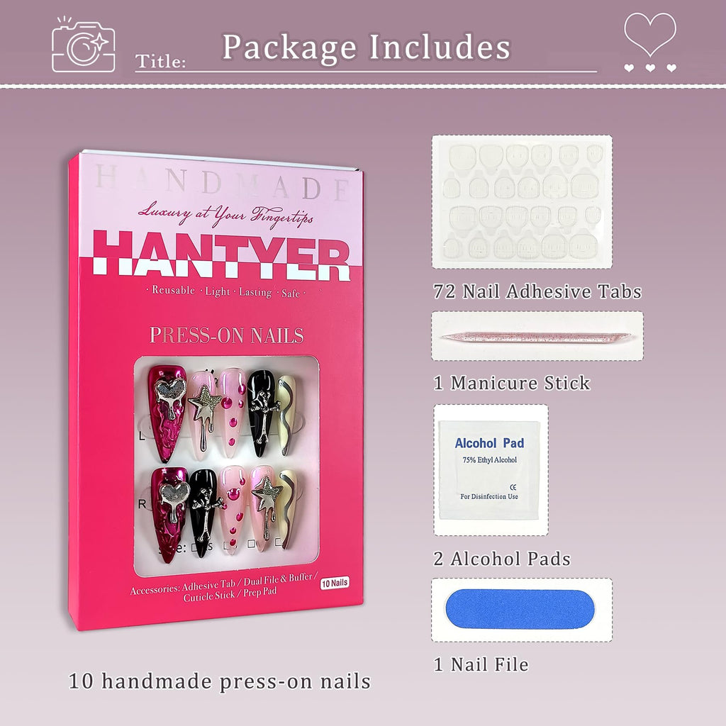 Hantyer 10PCS Y2K Press on Nails with Tools Kit, Long Stiletto Glossy Nails in Pink & Black, Salon Nails with 3D Metal Charms (Heart/Star/Cross), Edgy Punk Style for Party-Ready & Daily Wear