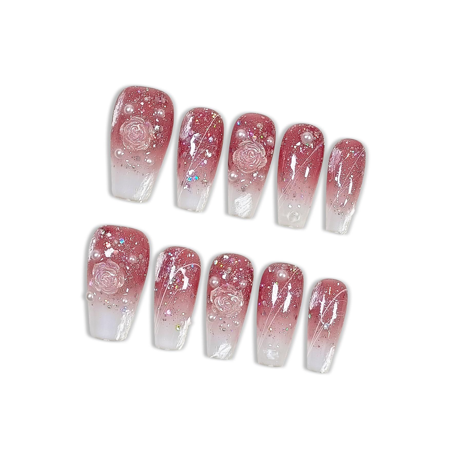 Hantyer Medium Ballet Press On Nails,Handmade Soft Gel Winter Fall Fake Nails in Camellia Gradient Pink Gypsum Pearl Design, Full Cover Thick Acrylic False Nails for Women 10PCS Tools Kit