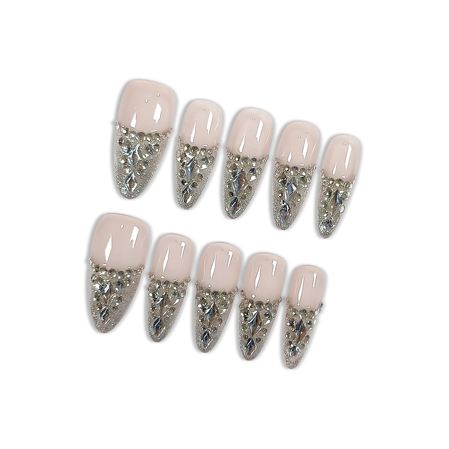 Hantyer French Glam Press on Nails with Tools Kit, Long Stiletto Glossy Nails in Nude, Handmade Nails with Dazzling 3D Crystal Arrangement, Fake Nails Vintage-Inspired Style for Galas Event