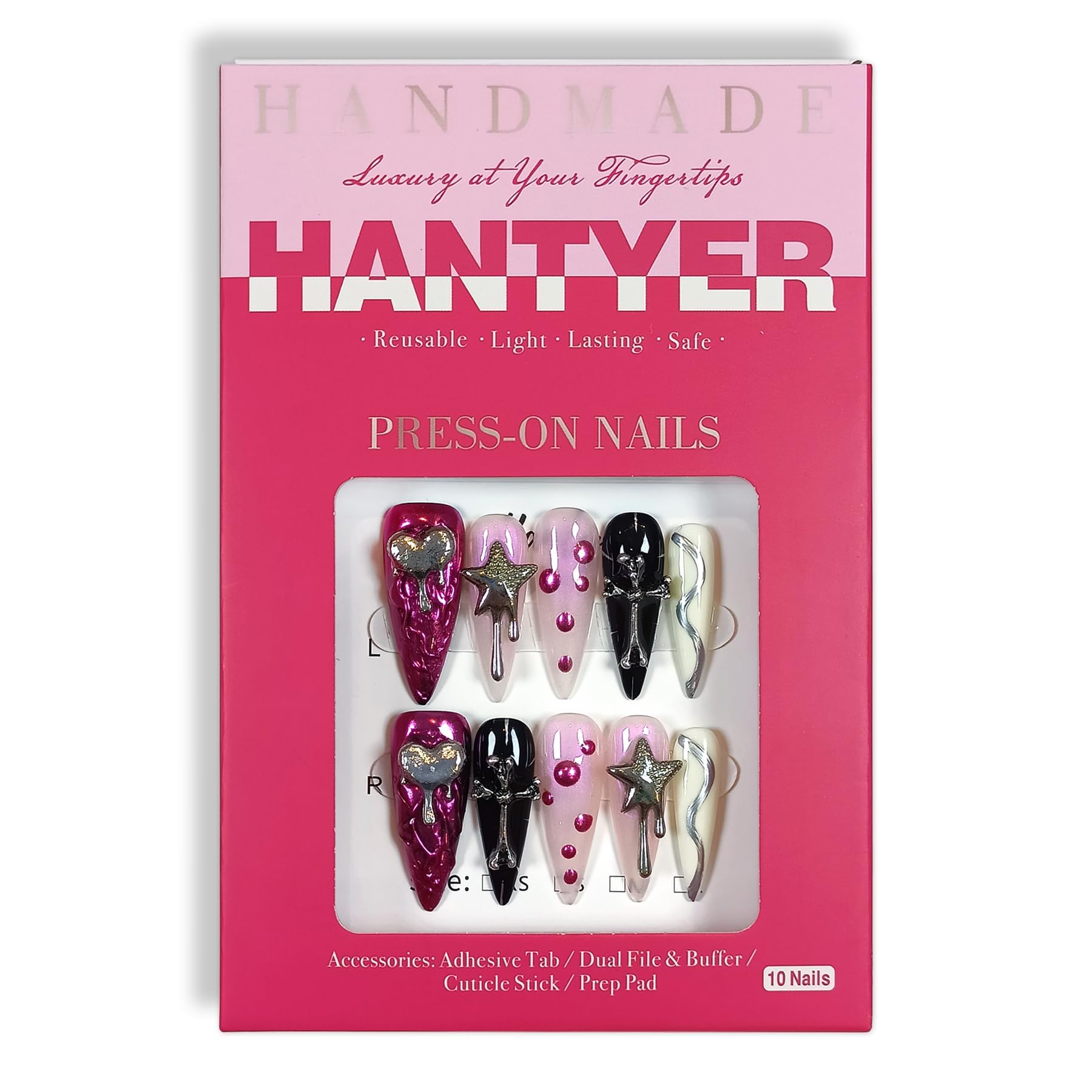 Hantyer 10PCS Y2K Press on Nails with Tools Kit, Long Stiletto Glossy Nails in Pink & Black, Salon Nails with 3D Metal Charms (Heart/Star/Cross), Edgy Punk Style for Party-Ready & Daily Wear