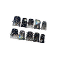 Hantyer 10pcs Short Duck Nails in Punk Style, Black Ombre Press on Nails with Metal Studs, Large Heart Rhinestones & Skull Charms, Reusable Gothic False Nails for Women Party Club Night