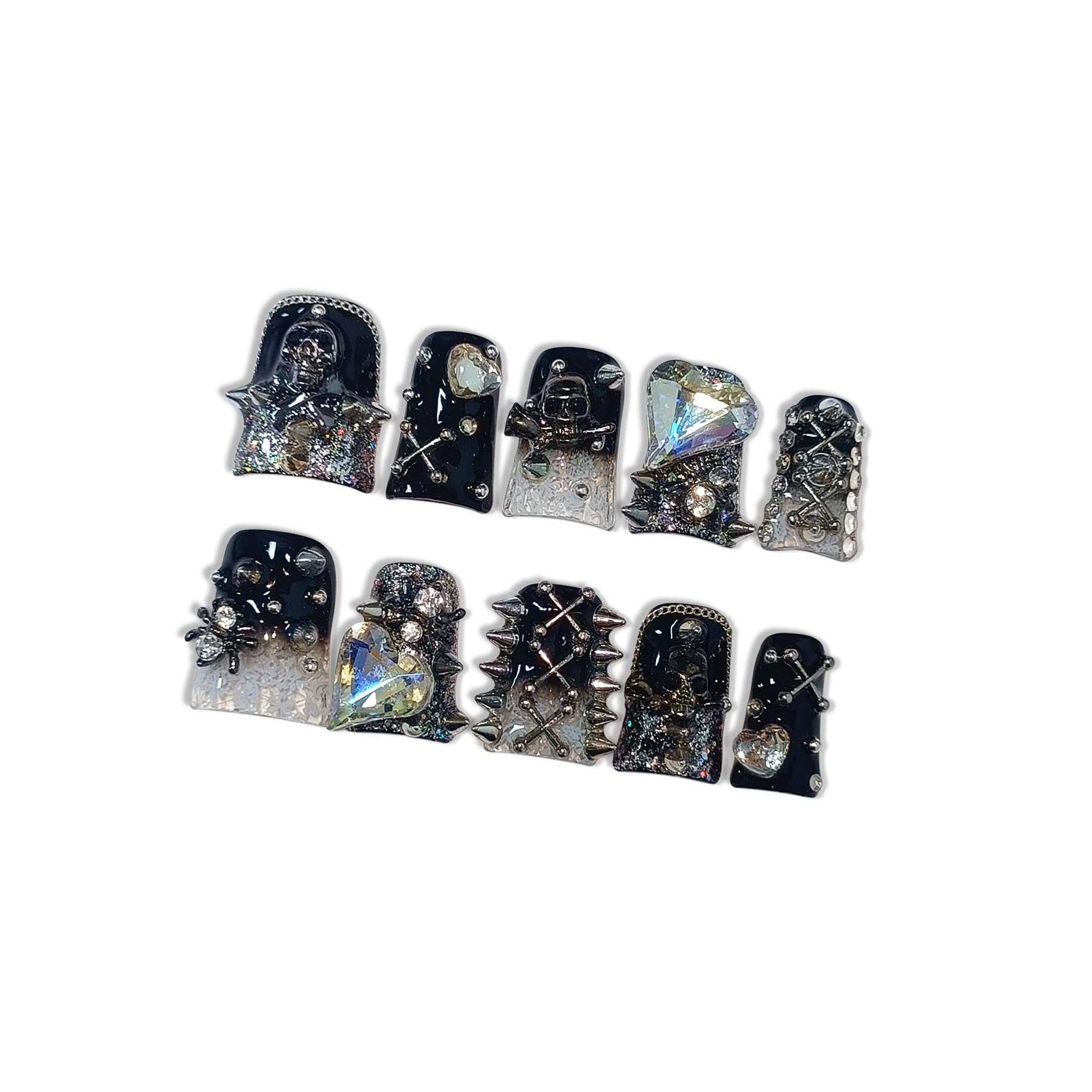 Hantyer 10pcs Short Duck Nails in Punk Style, Black Ombre Press on Nails with Metal Studs, Large Heart Rhinestones & Skull Charms, Reusable Gothic False Nails for Women Party Club Night