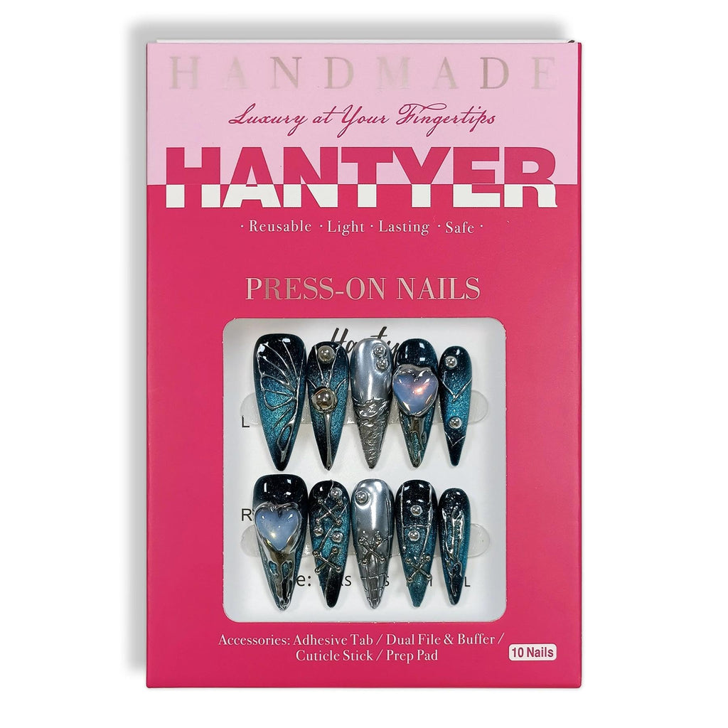 Hantyer Goth Press on Nails, Long Stiletto Glossy Nails in Black & Metallic Silver, Hand-Painted 3D Crosses & Butterflies with Blue Cat Eye, Celestial Style for Raves & Cosmic Parties