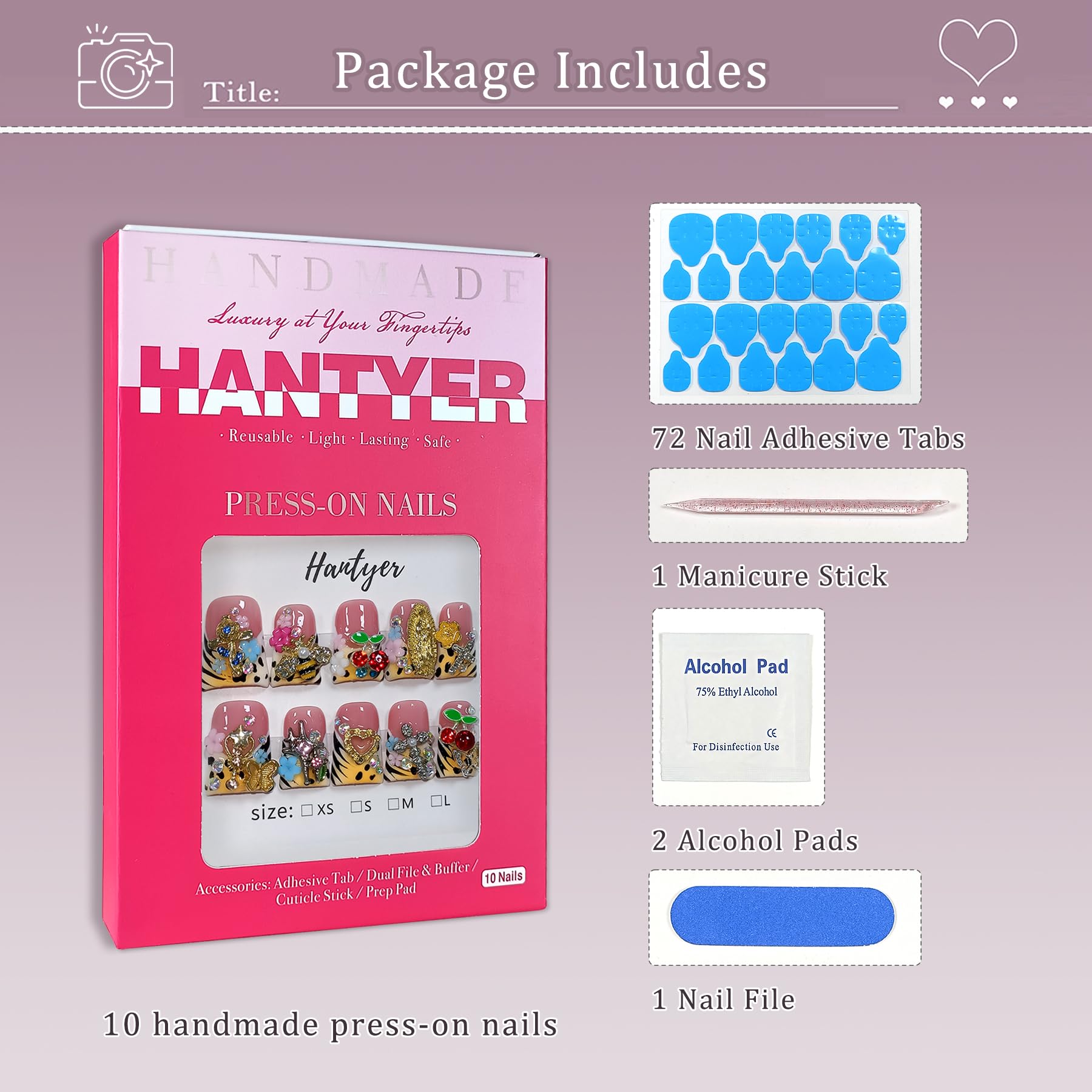 Hantyer 10pcs Leopard French Tip Press On Nails Sweet Cool Style, Short Duckbill Nails with 3D Embossed Petals & Metal Decor, Icy Glossy Finish, Reusable, Easy to Apply & Carry for Parties