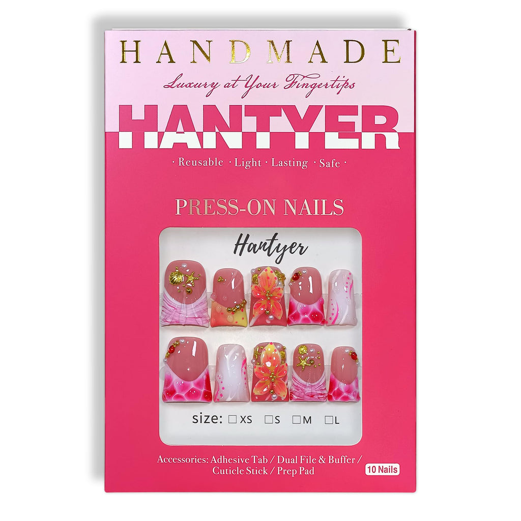 Hantyer 10pcs Short Duck Nails, Pink Leopard French Tip Press on Nails with 3D Floral & Gold Seashells, Glossy Glam Fake Nails, Reusable False Nails for Women Beach Party Vacation