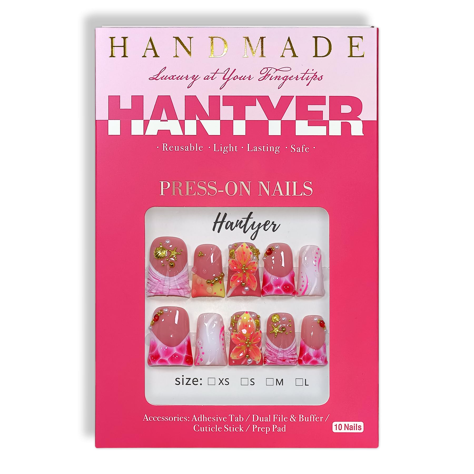 Hantyer 10pcs Short Duck Nails, Pink Leopard French Tip Press on Nails with 3D Floral & Gold Seashells, Glossy Glam Fake Nails, Reusable False Nails for Women Beach Party Vacation