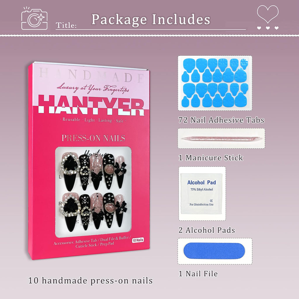 Hantyer Y2K Kawaii Goth Press on Nails with Tools Kit, Long Stiletto Glossy Black Nails, Pink Cat Eye with Black Heart Rhinestones & Bows, Edgy Cute Style for Concerts & Nightlife