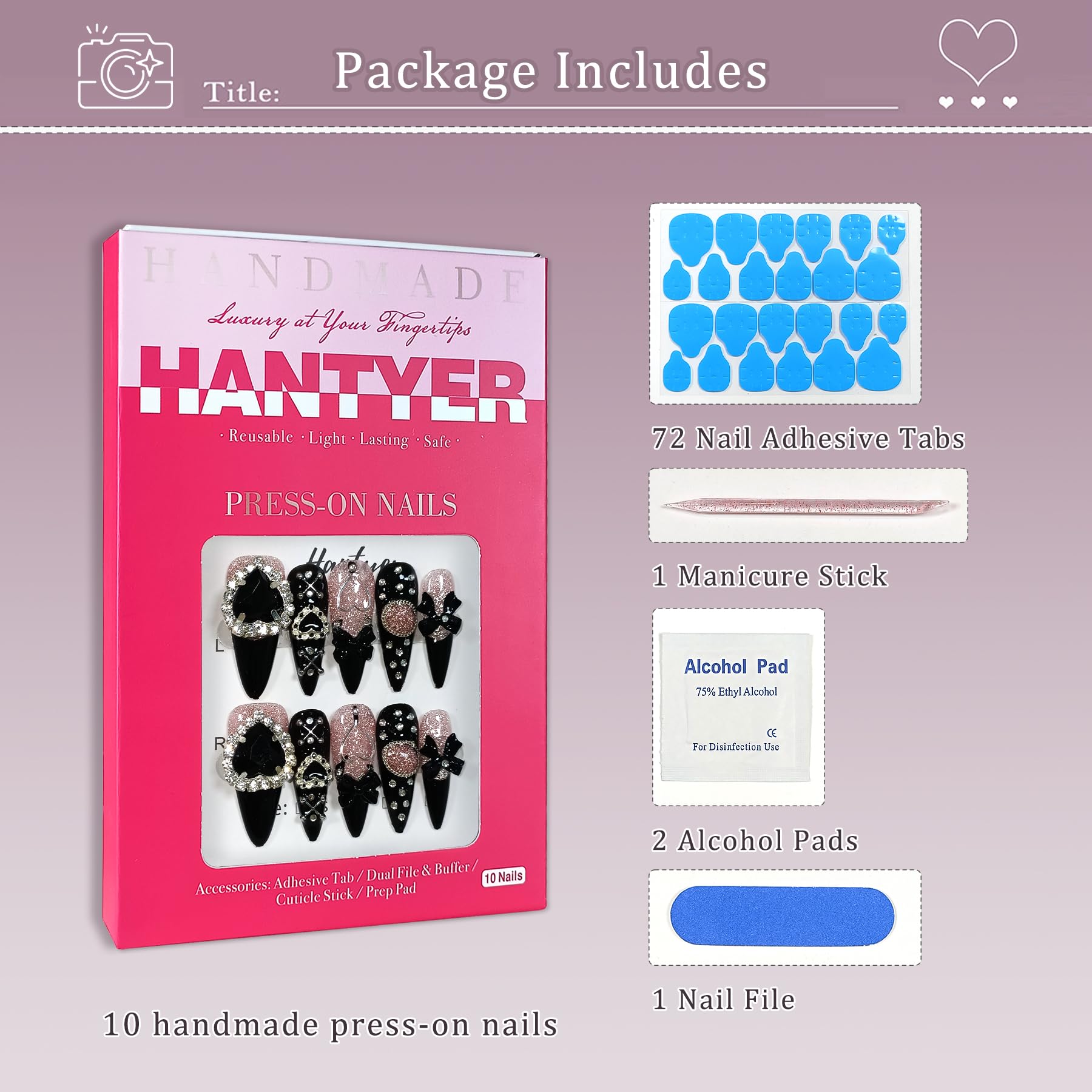 Hantyer Y2K Kawaii Goth Press on Nails with Tools Kit, Long Stiletto Glossy Black Nails, Pink Cat Eye with Black Heart Rhinestones & Bows, Edgy Cute Style for Concerts & Nightlife