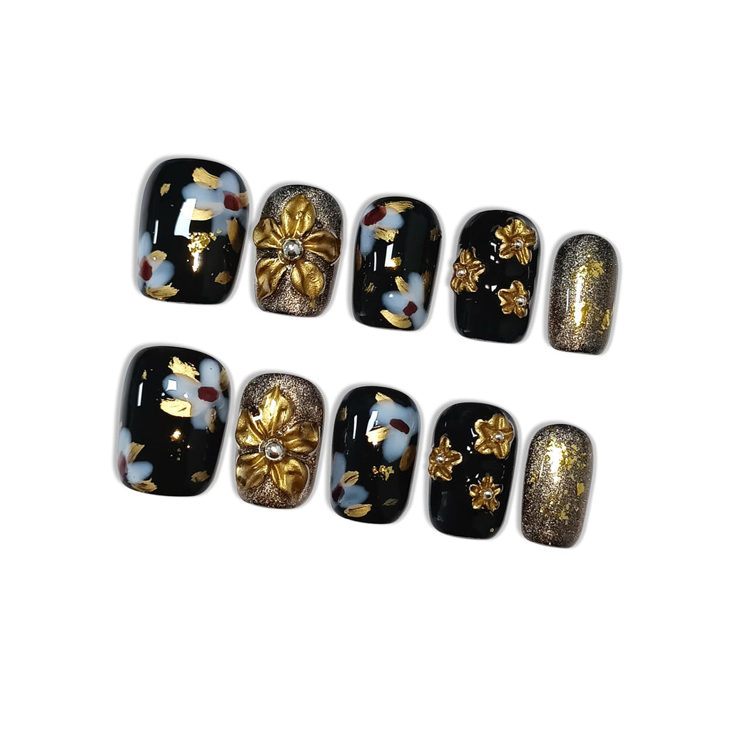 Hantyer Black Press on Nails with Handmade 3D Gold Flowers & Gold Lines - Short Square Glossy Luxury Fake Nails, Reusable Elegant Vintage False Nails for Women Fall Winter Party Evening Gala