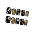 Hantyer Black Press on Nails with Handmade 3D Gold Flowers & Gold Lines - Short Square Glossy Luxury Fake Nails, Reusable Elegant Vintage False Nails for Women Fall Winter Party Evening Gala