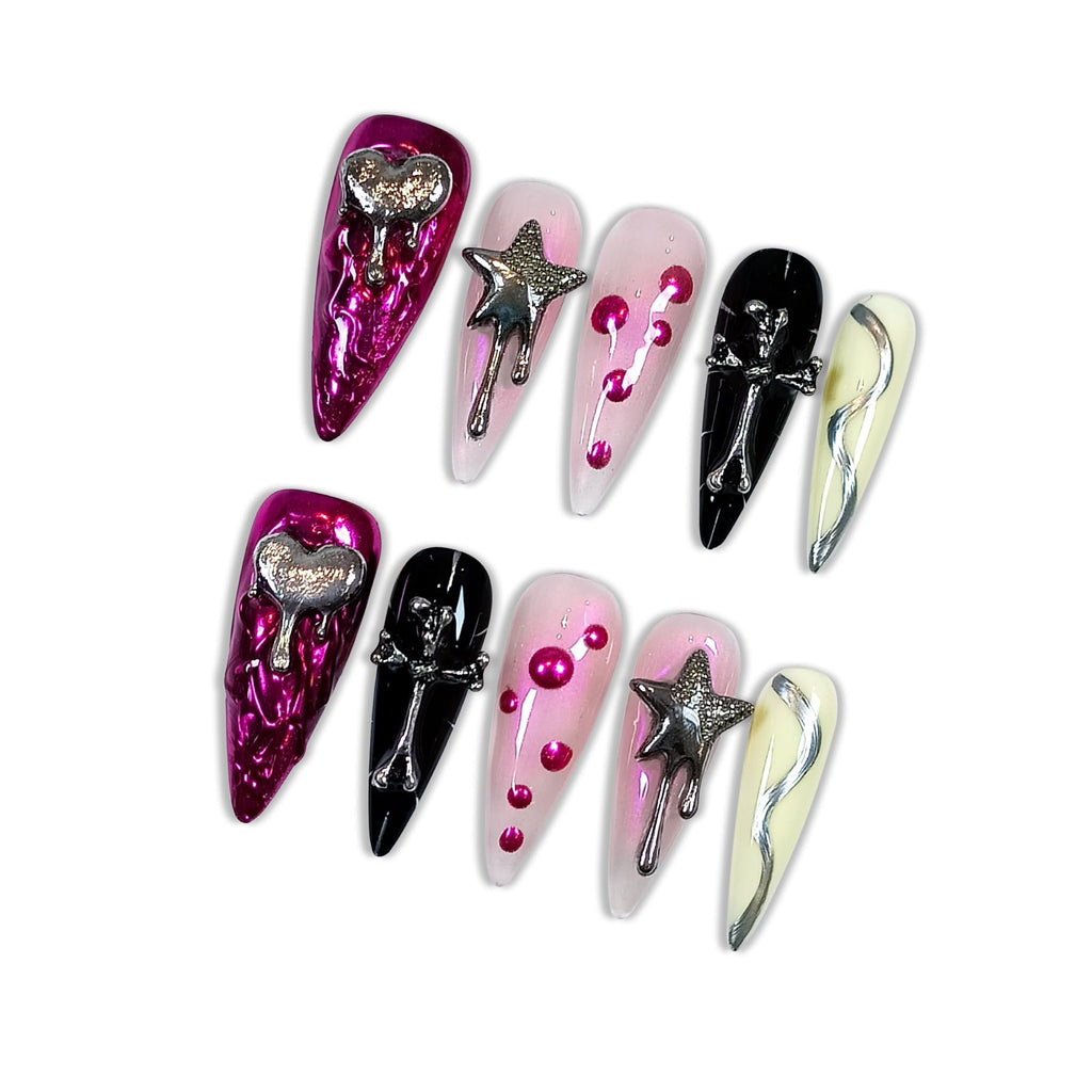 Hantyer 10PCS Y2K Press on Nails with Tools Kit, Long Stiletto Glossy Nails in Pink & Black, Salon Nails with 3D Metal Charms (Heart/Star/Cross), Edgy Punk Style for Party-Ready & Daily Wear
