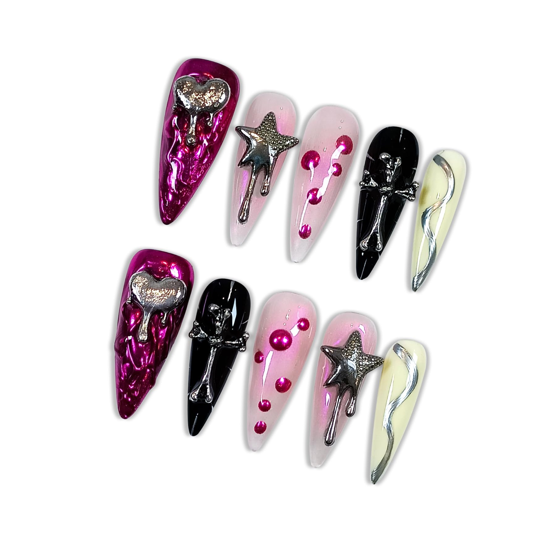Hantyer 10PCS Y2K Press on Nails with Tools Kit, Long Stiletto Glossy Nails in Pink & Black, Salon Nails with 3D Metal Charms (Heart/Star/Cross), Edgy Punk Style for Party-Ready & Daily Wear