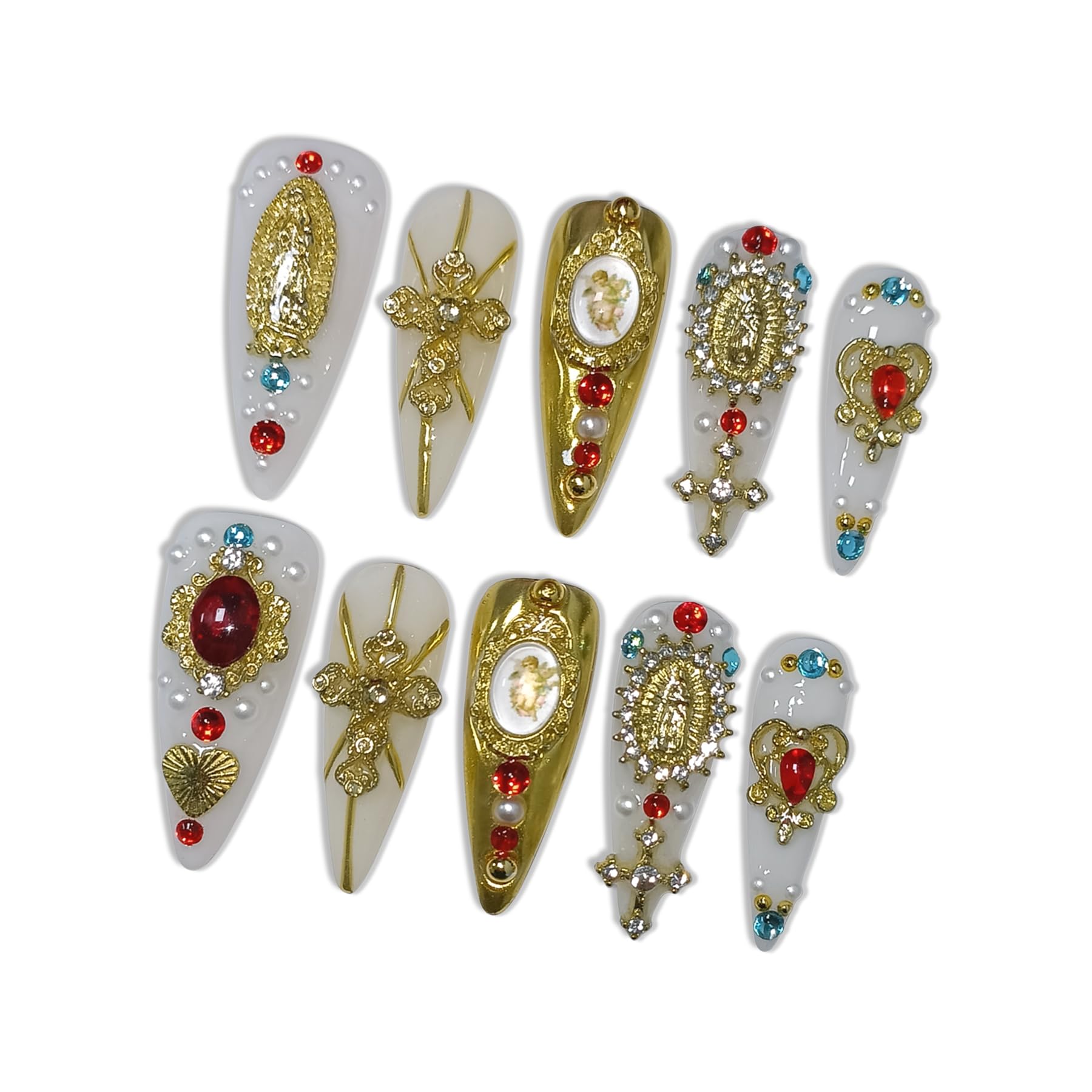 White Press on Nails with 3D Carving Flowers, Gold Madonna & Cross Charms, Long Stiletto Glossy Iced Baroque Fake Nails, Reusable Religious Vintage False Nails for Women Wedding Opera