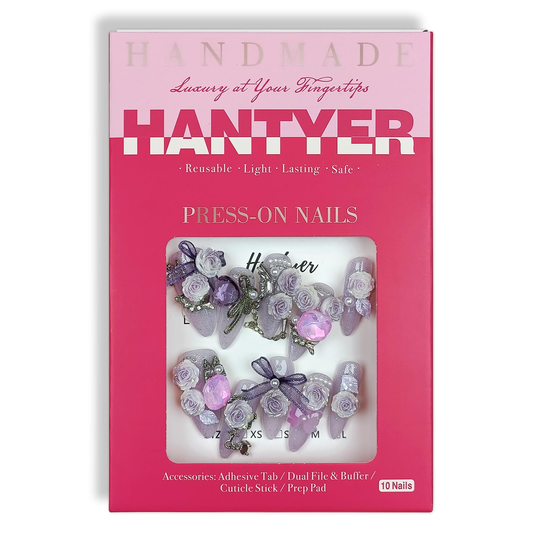 Hantyer Glamorous Press on Nails Long Almond Stiletto,Purple Cat Eye Gradient False Nails with 3D Roses, Camellias Butterflies Chains Rhinestones, Luxe Glitter Fake Nails for Women 10Pcs Tools Kit