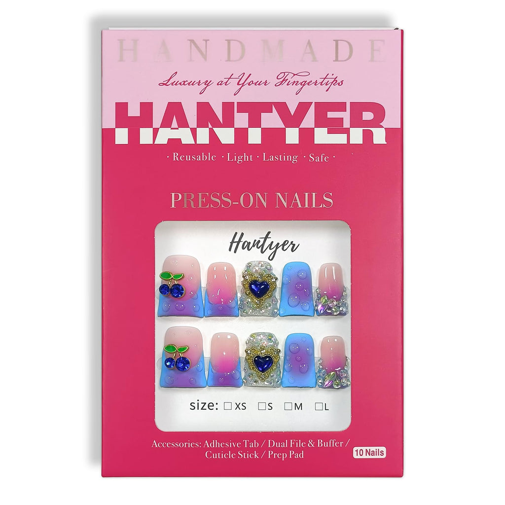 Hantyer 10pcs Blue French Tip Press on Nails with Tools Kit, Short Duckbill Glossy Nails, Rhinestones & Heart with 3D Water Droplet Carvings, Sweet Edge Style for Parties & Special Events