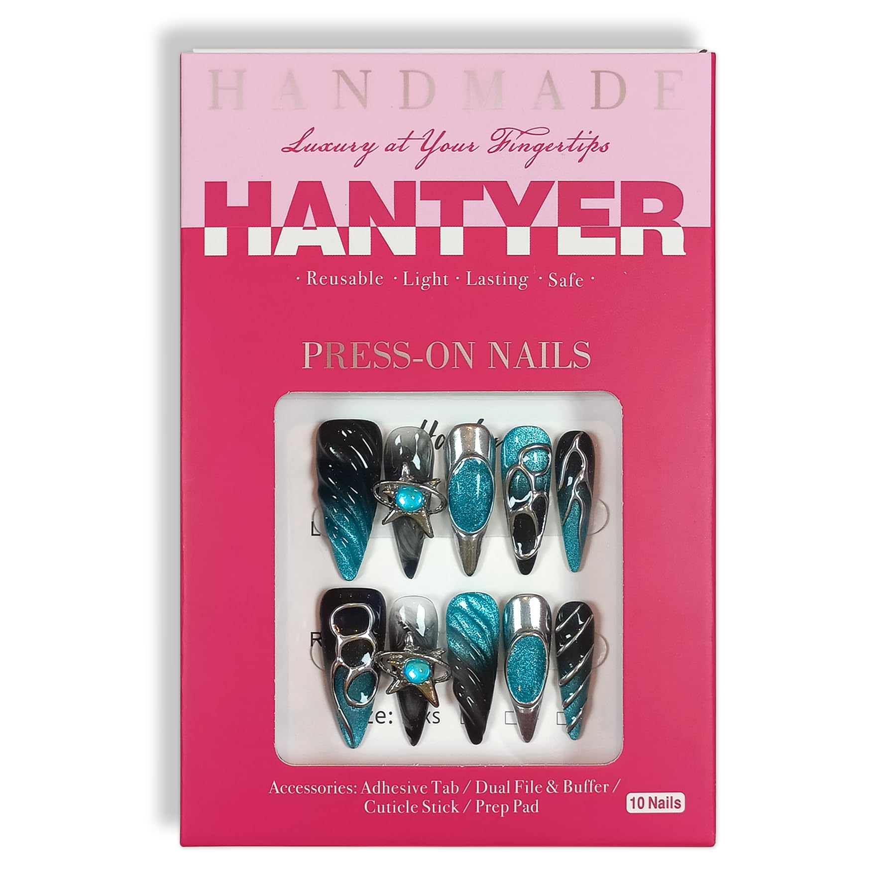 Hantyer Long Stiletto Press On Nails, Handmade Soft Gel Turquoise & Black Abstract Fake Nails with Unique 3D Ring & Metallic Swirls, Statement Reusable False Nails 10PCS Kit