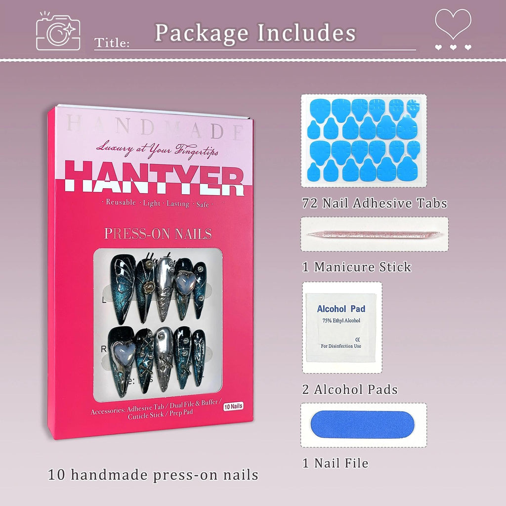 Hantyer Goth Press on Nails, Long Stiletto Glossy Nails in Black & Metallic Silver, Hand-Painted 3D Crosses & Butterflies with Blue Cat Eye, Celestial Style for Raves & Cosmic Parties