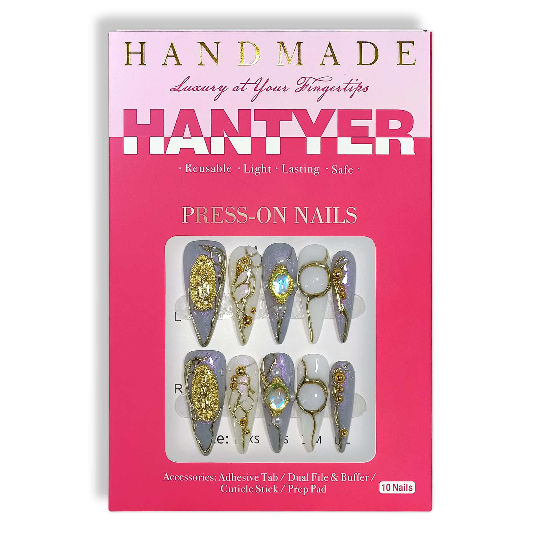 Hantyer Lavender Press on Nails with 3D Water Droplets, Madonna Medals & Pearls, Long Stiletto Glossy Iced Baroque Fake Nails, Reusable Edgy Luxury False Nails for Women Party Opera Gala