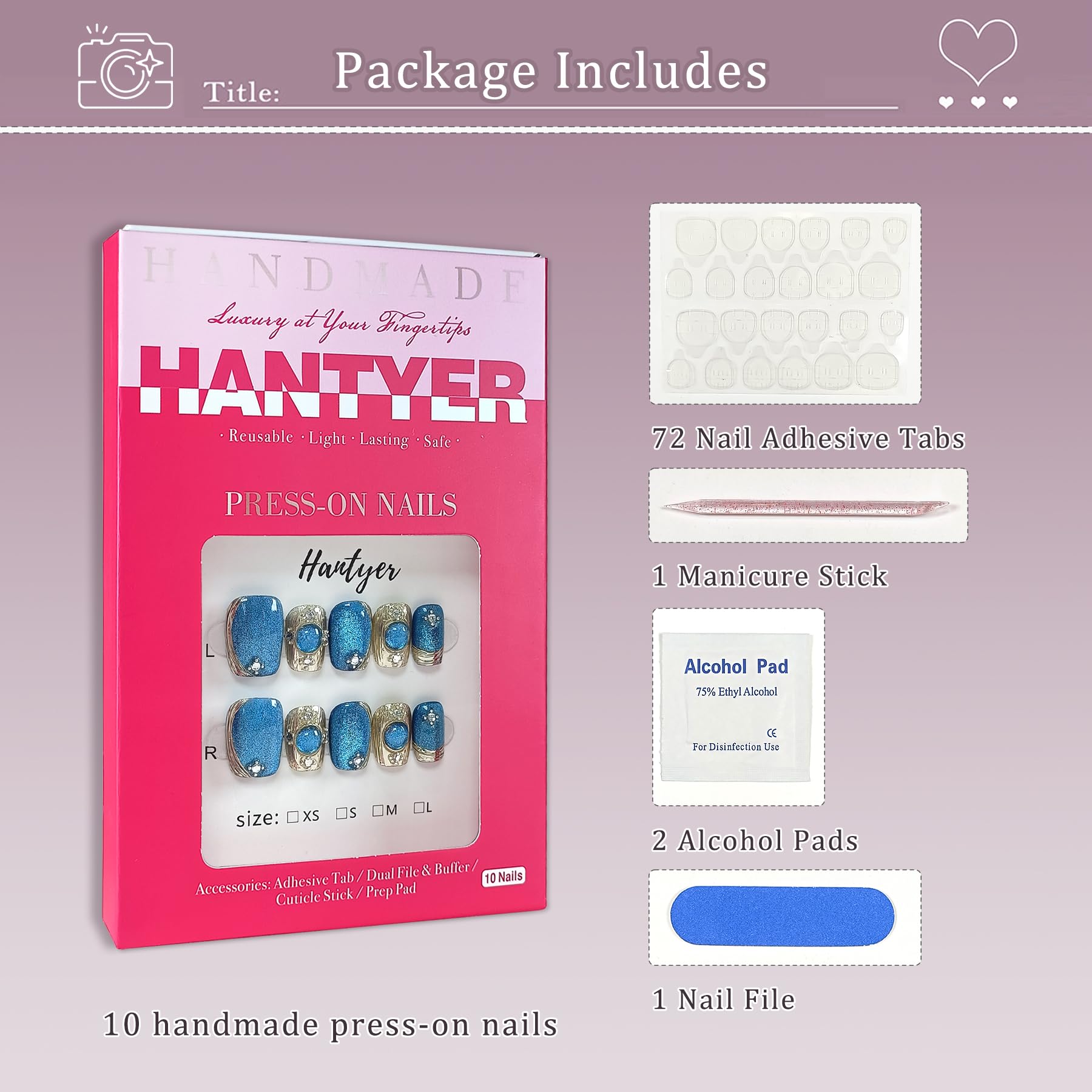 Hantyer Short Square Press On Nails,Baroque Style Blue Cat Eye Mirror Powder Sparkling Ice Design Fake Nails 10PCS with Tools Kits,Hand-Painted Gold Luxury False Nails for Elegant Daily Wear