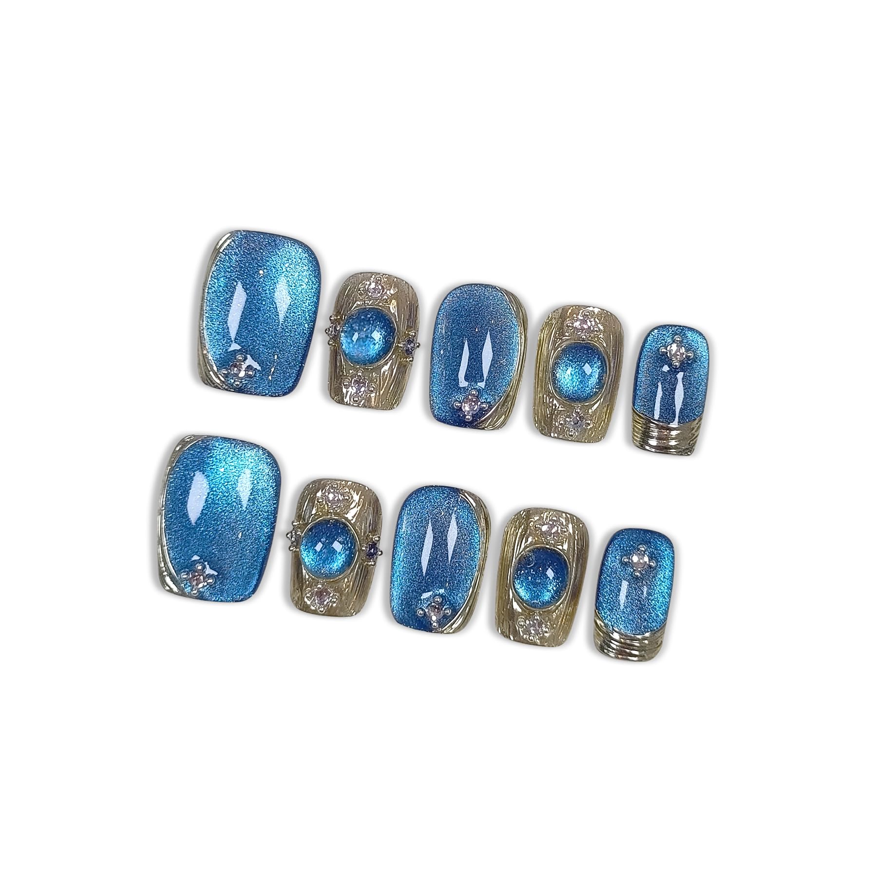 Hantyer Short Square Press On Nails,Baroque Style Blue Cat Eye Mirror Powder Sparkling Ice Design Fake Nails 10PCS with Tools Kits,Hand-Painted Gold Luxury False Nails for Elegant Daily Wear