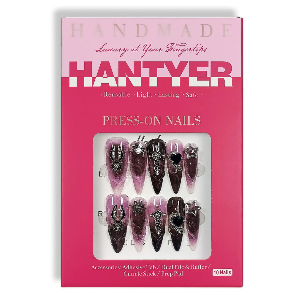 Hantyer Y2K Punk Press on Nails with Tools Kit, 10pcs Long Stiletto Glossy Black & Pink Gradient Nails, Silver Studs, Black Rhinestones & 3D strips, Edgy Style for Concerts & Night Events