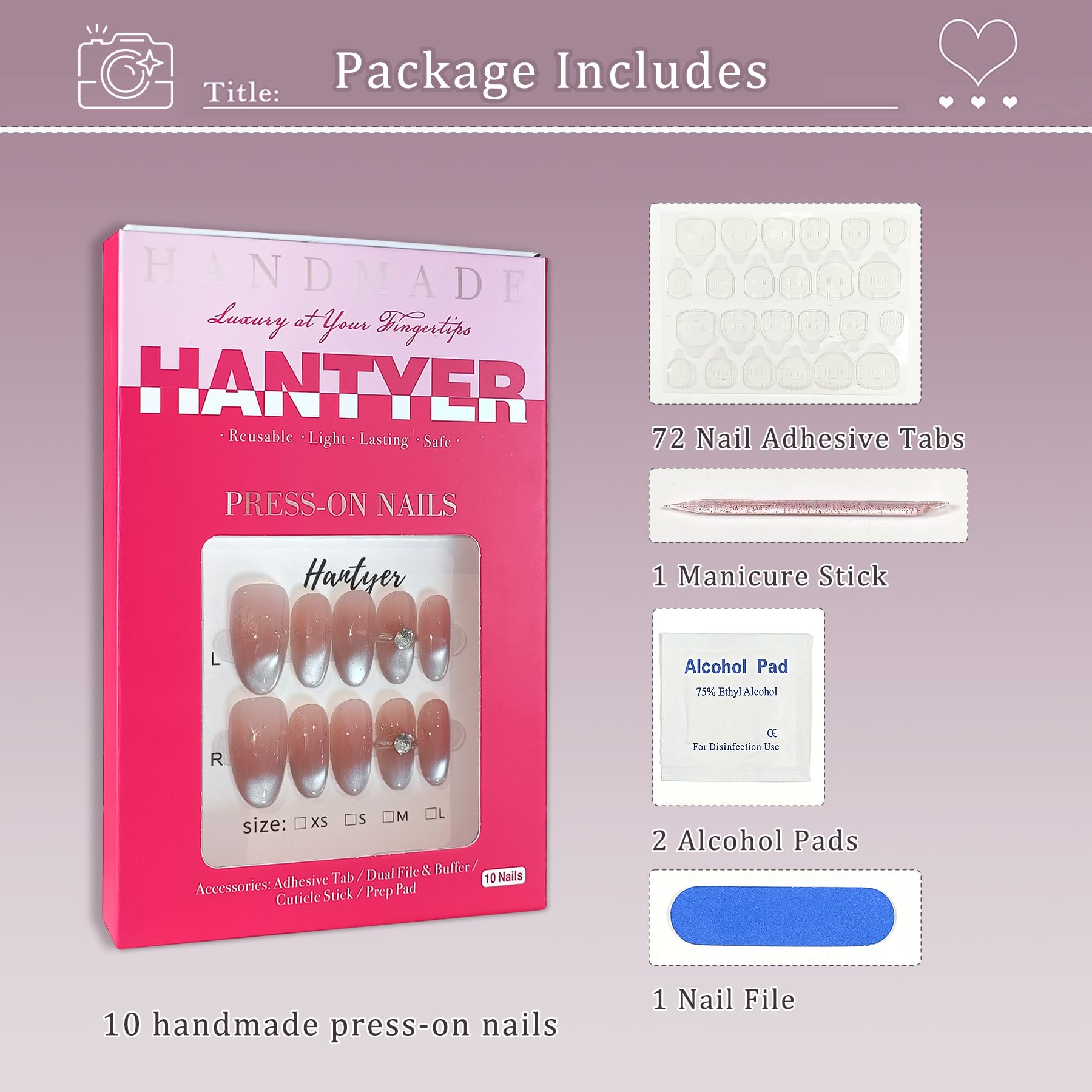 Hantyer Medium Oval Press On Nails, Handmade Soft Gel Nude Pink Ombre Glossy Fake Nails with 3D Diamond Ring Accent, Gradient Design Full Cover Reusable False Nails for Women 10PCS Kit