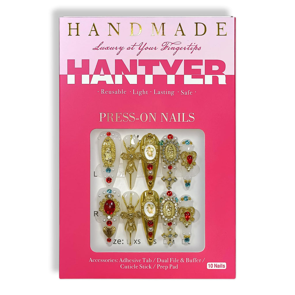 White Press on Nails with 3D Carving Flowers, Gold Madonna & Cross Charms, Long Stiletto Glossy Iced Baroque Fake Nails, Reusable Religious Vintage False Nails for Women Wedding Opera