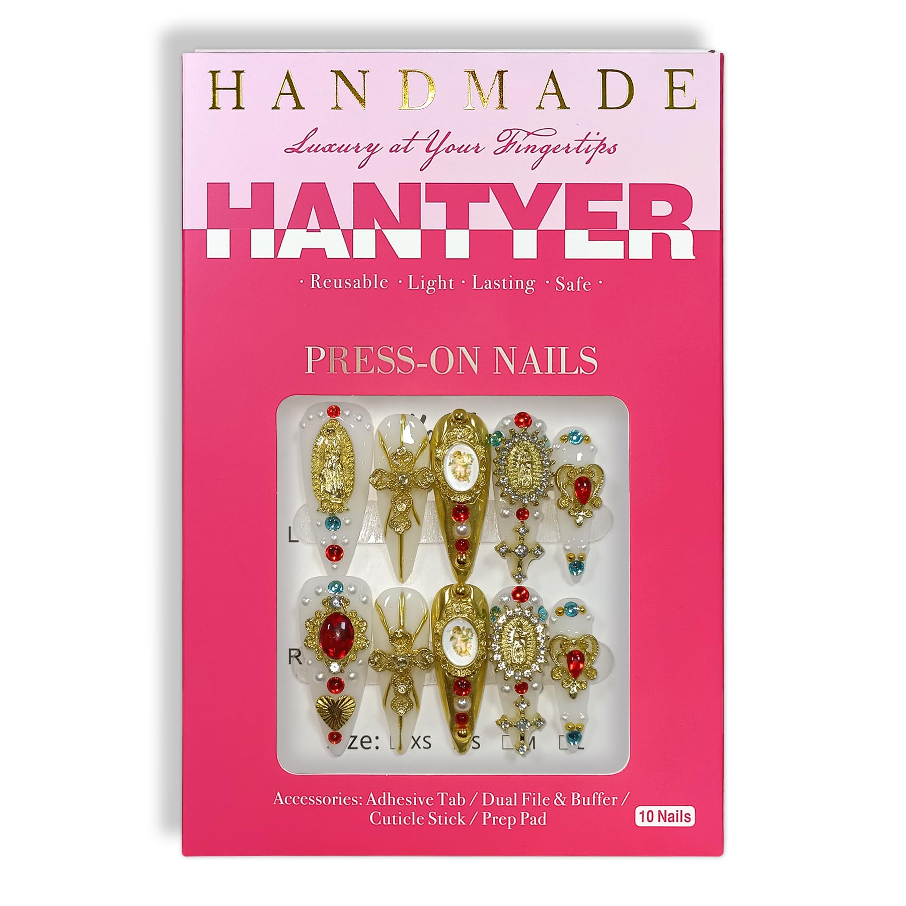White Press on Nails with 3D Carving Flowers, Gold Madonna & Cross Charms, Long Stiletto Glossy Iced Baroque Fake Nails, Reusable Religious Vintage False Nails for Women Wedding Opera