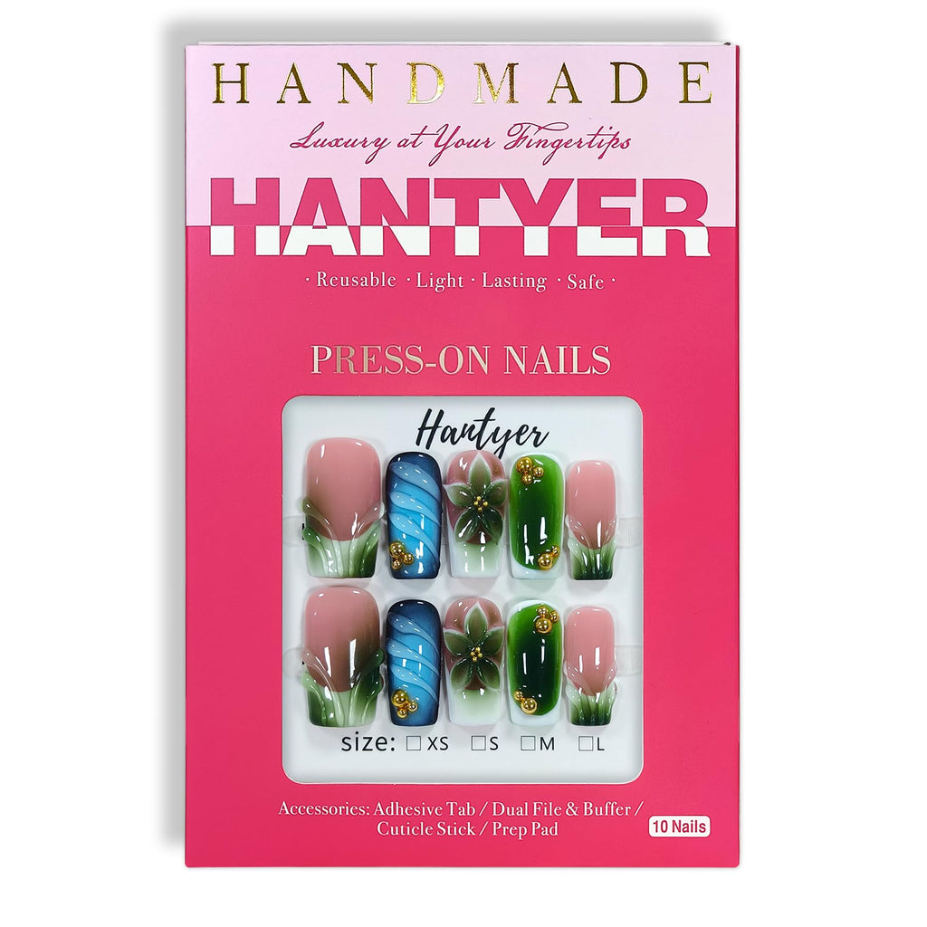 Hantyer Green Ombre French Tip Press on Nails, Medium Square Nails