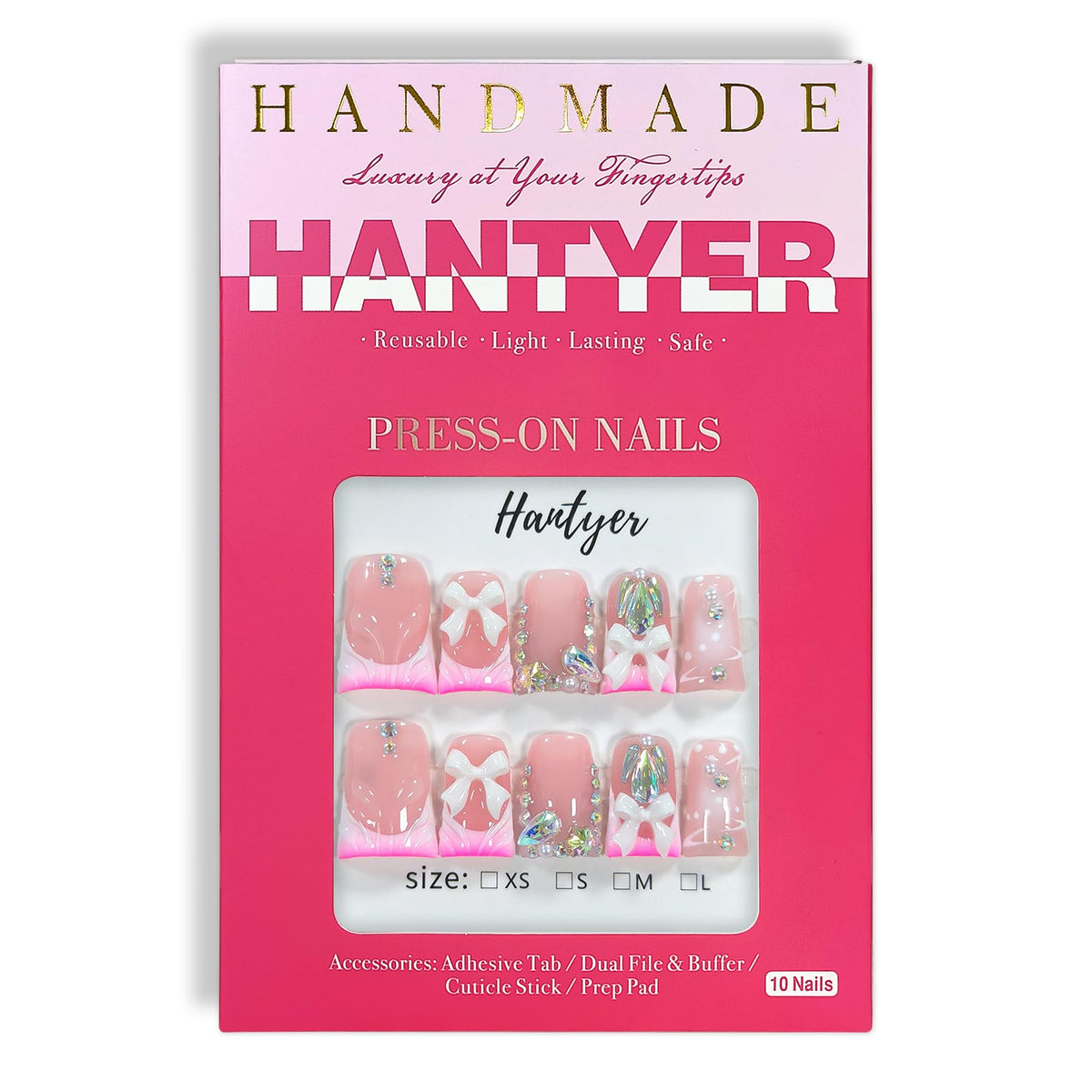 Hantyer Pink French Tip Press on Nails with 3D Ripple Carving, Rhinestones & Bow Charms, Lipstick Shape Glossy Iced Sweet Cute Fake Nails, Reusable Kawaii Glam False Nails for Party
